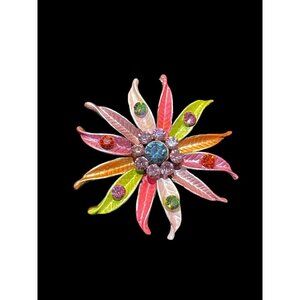 Rare Vintage Colorful Flower with Rhinestones Figural Brooch
